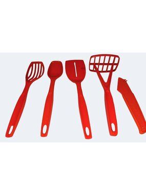 Vintage Foley Orange Plastic Kitchen Utensil Set Of 5 Incl Masher Slotted Spat